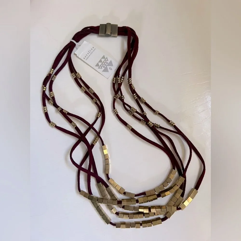 Serafina Statement Necklace Gold Maroon Suede Leather Burgundy Choker Boho